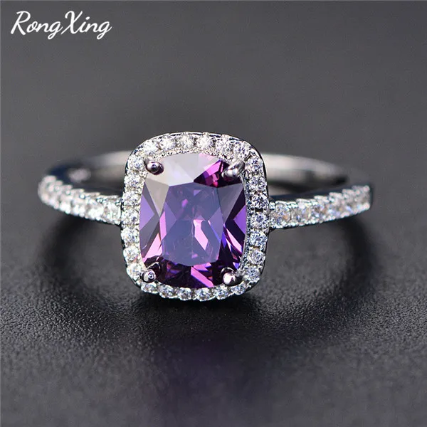 Purple RongXing, фиолетовые/зеленые/синие/белые/желтые/розовые циркониевые кольца для женщин, 925 пробы, заполненные серебром, разноцветный камень, кольцо HR051 - Цвет основного камня: Purple