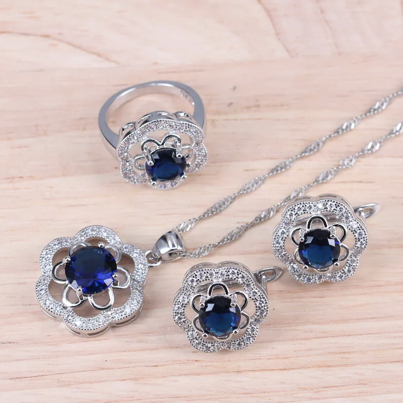 Синий розовый серебряный 925 Свадебные Комплекты украшений для женщин