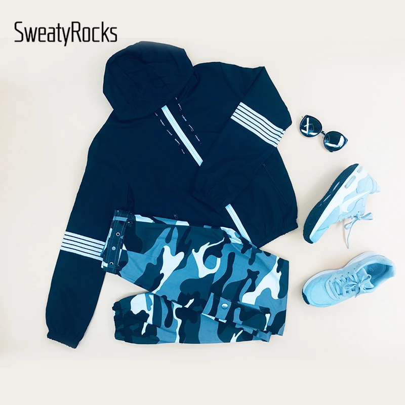 SweatyRocks полосатый рукав с капюшоном Куртка женская черная с капюшоном шнурок на молнии куртки женская спортивная куртка для активного отдыха