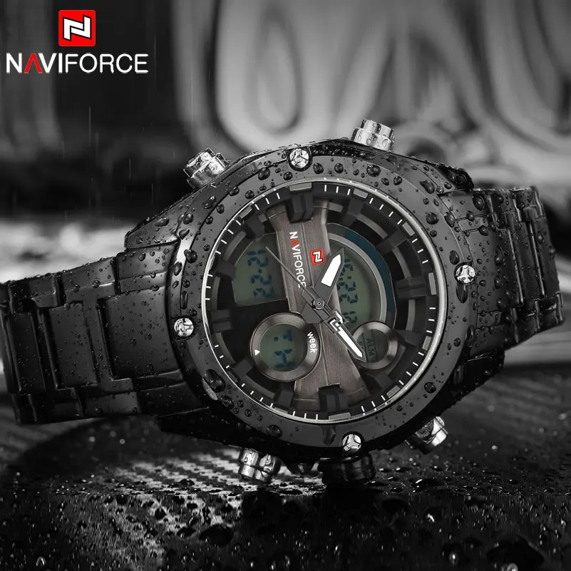 Naviforce для мужчин 30 м водонепроницаемые часы полностью из нержавеющей стали Аналоговый Цифровой дисплей светодиодный часы для мужчин s военные часы Relogio Masculino