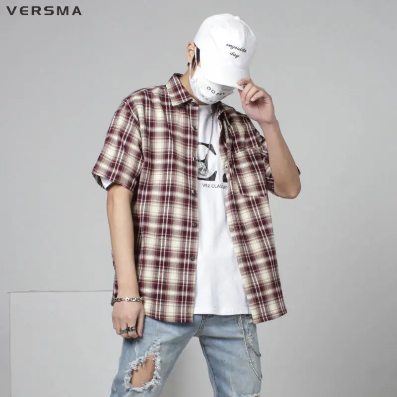 VERSMA Korean Harajuku Ulzzang Graffiti Printed Plaid Shirts Men Hip Hop Streetwear Vintage BF Oversized Short Sleeve Shirt Male | Мужская