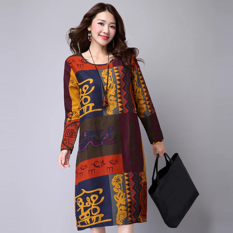 Женское винтажное платье из хлопка и льна повседневное свободное в этническом