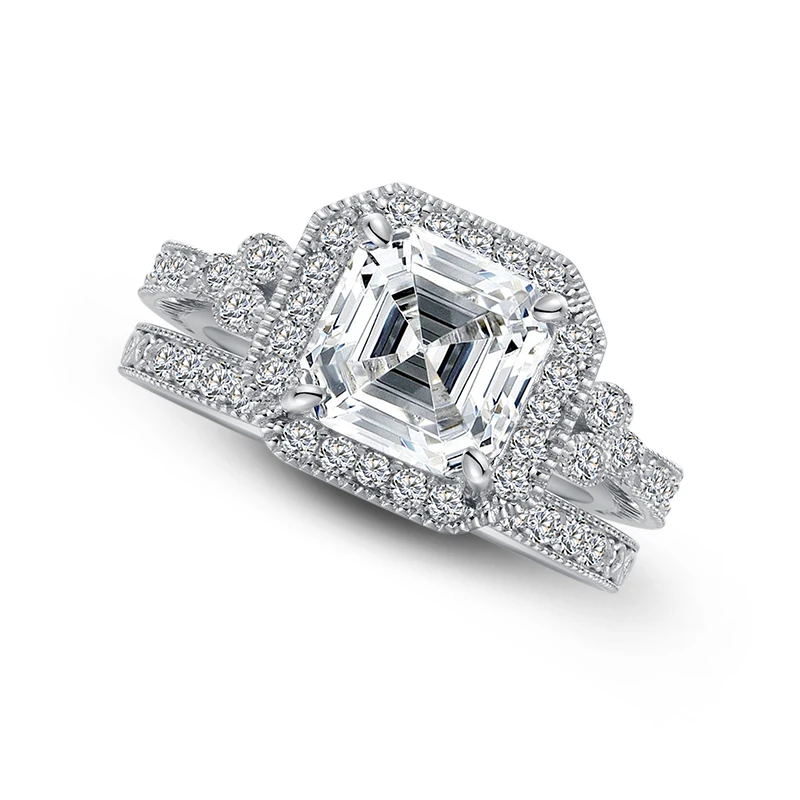 AINUOSHI 3 карата огранка камня «asscher Cut» Halo Кольцо Набор обручальное кольцо с искусственным бриллиантом Свадебный набор серебряных колец ювелирные изделия для женщин