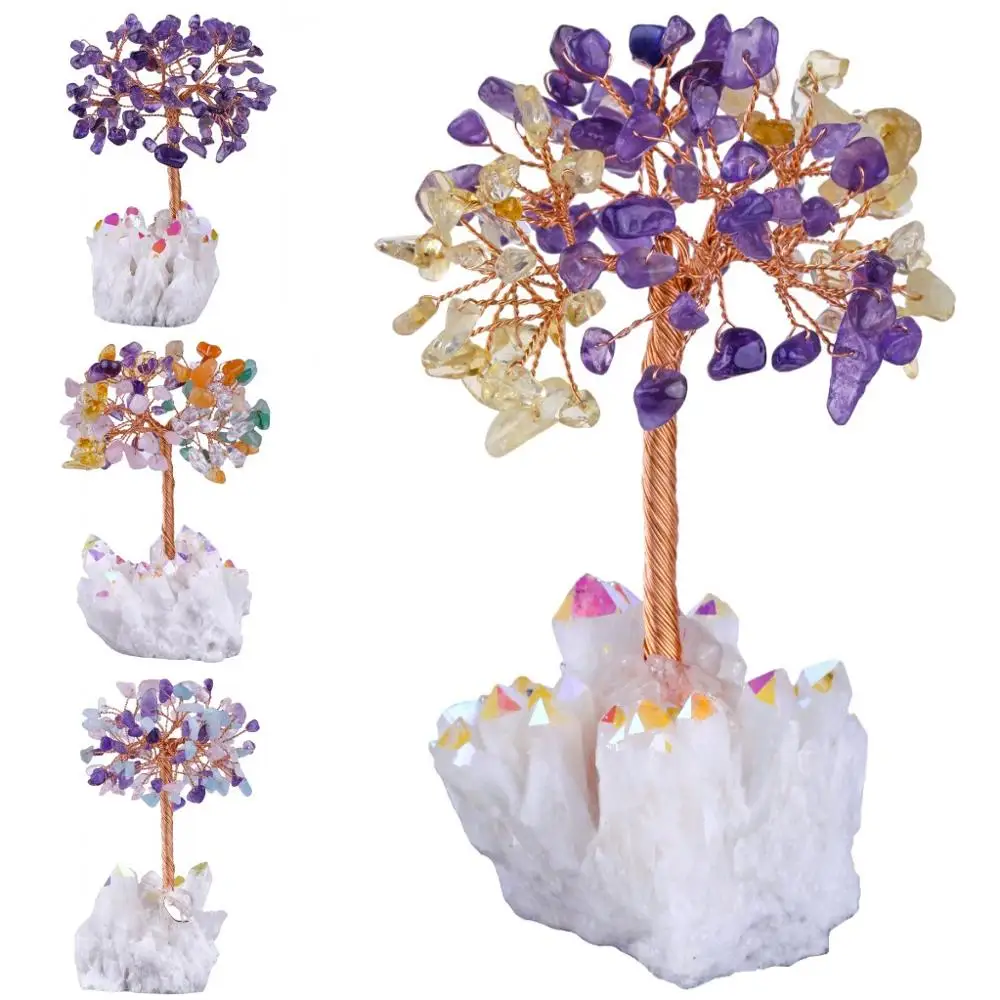 

TUMBEELLUWA 4.5''Natural Crystal Money Tree,Aura Titanium Coated Rock Quartz Cluster Base Bonsai Sculpture Figurine for FengShui