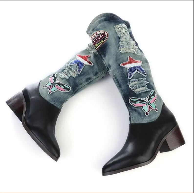 

New Blue Denim Water Wash Mid-Calf Boots Fashion Chunk Heels Pointed Toe Cowboy Shoes High Heels Jean Martin Boots
