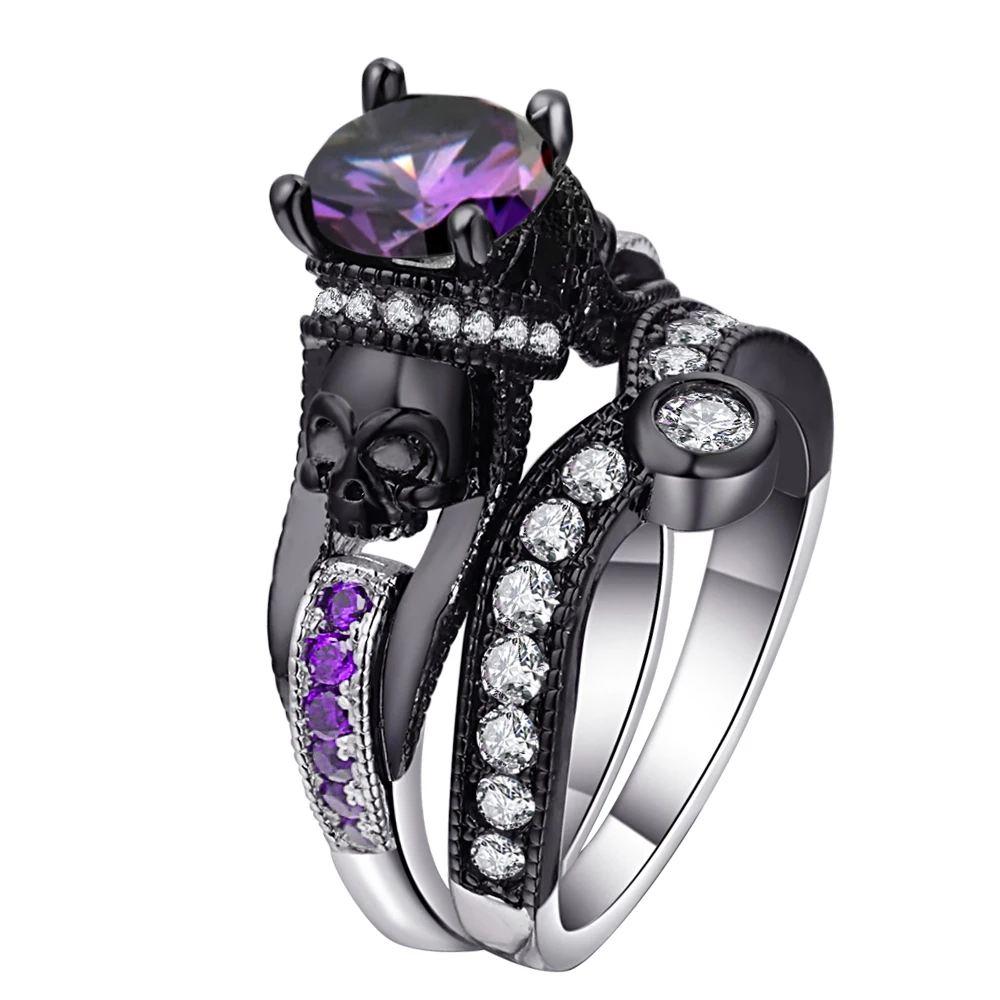 RB2716CC-B Ufooro, кольцо с черепом, набор для женщин и мужчин, в стиле панк, модное ювелирное изделие, шарм, черный, Круглый, кубический цирконий, злой скелет, вечерние кольца - Цвет основного камня: RB2716CC-B