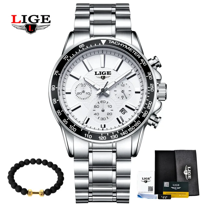 steel white LIGE, мужские часы, Топ бренд, Роскошные Кварцевые часы, час, дата, часы, модные, повседневные, стальные часы, мужские, военные, Erkek Kol Saat - Цвет: steel white