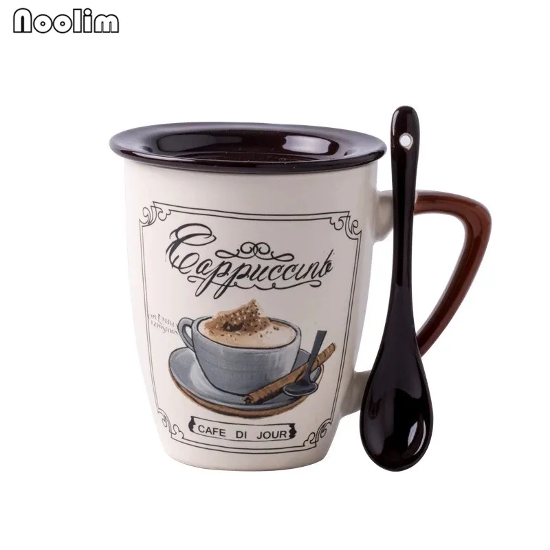 European Creative Hand-painted Ceramic Coffee Mug With Spoon and Lid Simple Office Tea Water Milk Cup Gifts Drinkware | Дом и сад