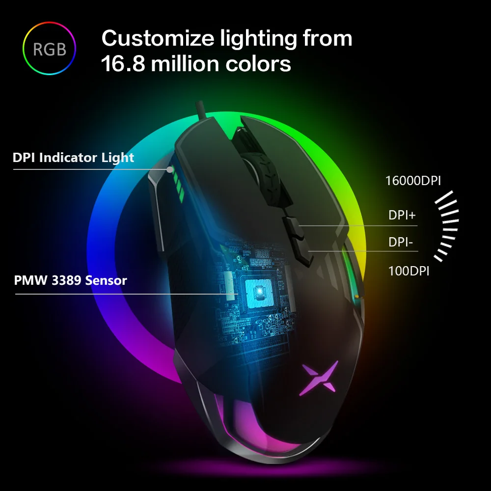 Delux M628 PMW3389, сенсорная игровая мышь 16000 dpi, 9 Кнопок, 50G, ACC RGB, Проводная оптическая мышь с двумя ручками, набор веса для геймера