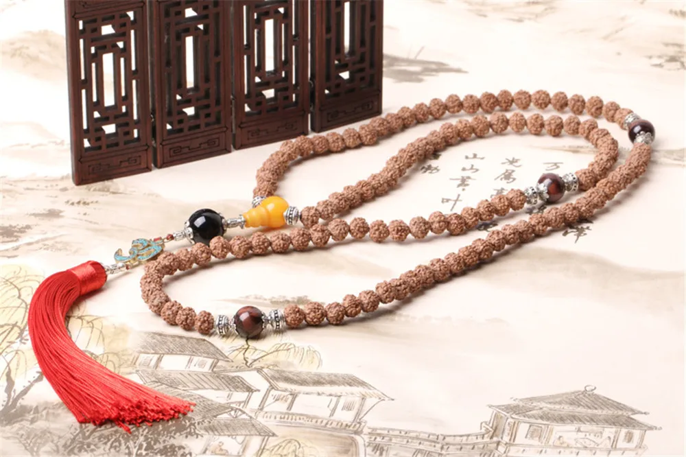 7/8/9 мм Индонезия натуральный 5 лепестков Rudraksha 108 четки Мала Непал Ом кулон с красной бахромой Йога бисером Цепочки и ожерелья или браслет