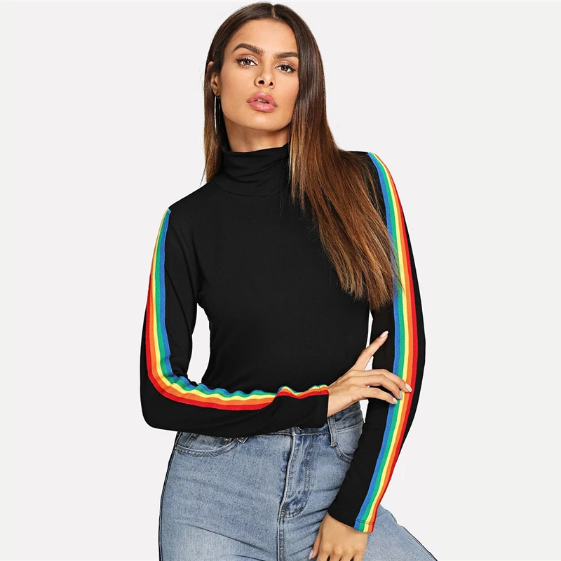 Dotfashion черный с высоким воротом в радужную полоску длинные рукава футболка рубашка с длинными рукавами Для женщин осенняя одежда топы, женская мода, футболки
