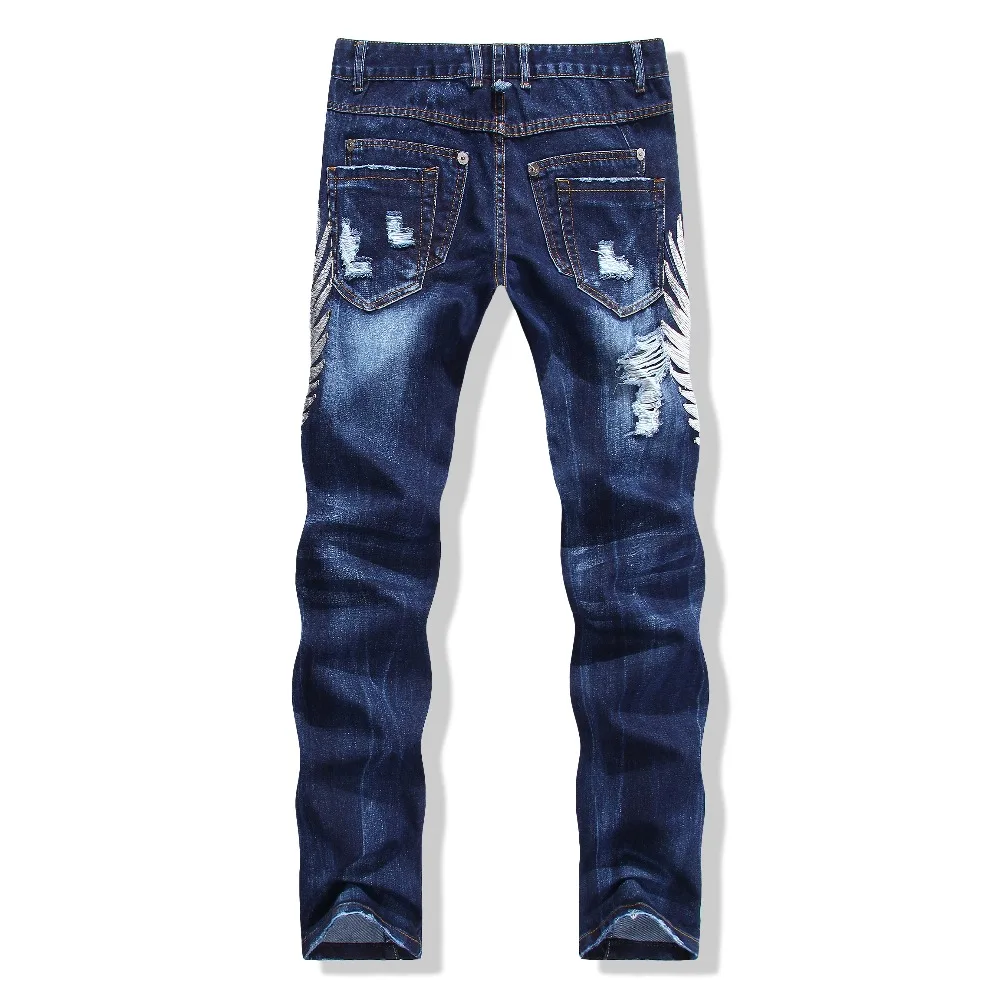Новый бренд мужские джинсы синие и черные рваные с крыльями орла вышивка