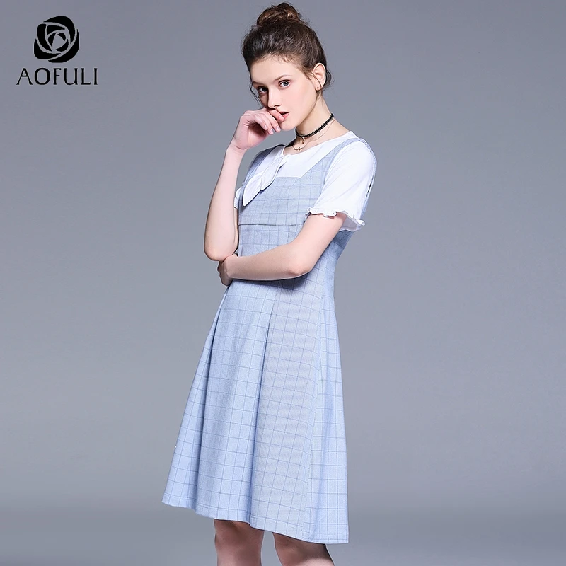 AOFULI L ~ 4XL 5XL женский клетчатый сарафан с принтом милые летние платья в клетку