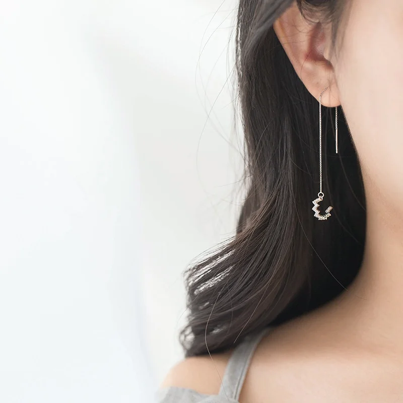 Crystal Wave Moon Bar Long Chain Threader Earrings Or Ear Wrap Climber Clip Two Wearing 925 Sterling Jewelry | Украшения и