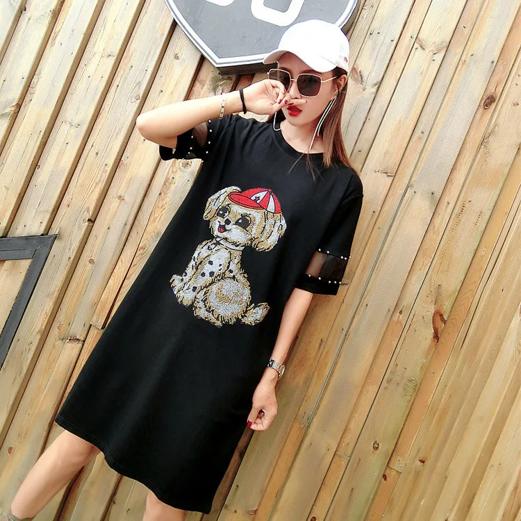 Vefadisa Mesh Patchwork Summer Dresses 2018 Cartoon Dog Pattern Dress for Women Rhinestone Decoration Plus Size AD1670 | Женская одежда