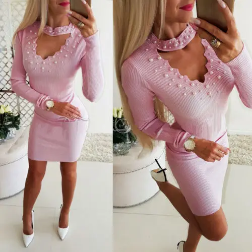 HOT Sexy Women Bodycon Strappy V Neck Pearl Decor Long Sleeve Dress 2019 Summer Casual Club Party Short Pencil | Женская одежда