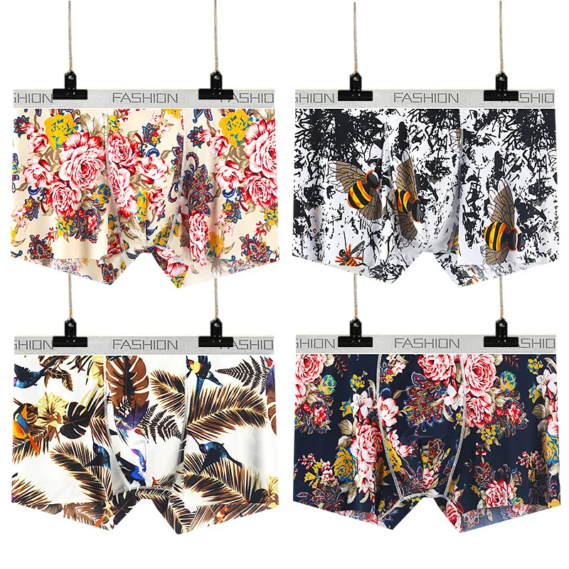 

Summer Ice Silk Men's Boxer Shorts Super Breathable Printed Men Underwear Nightwear Sexy Beach Underpants Cuecas 4PCS/LOT