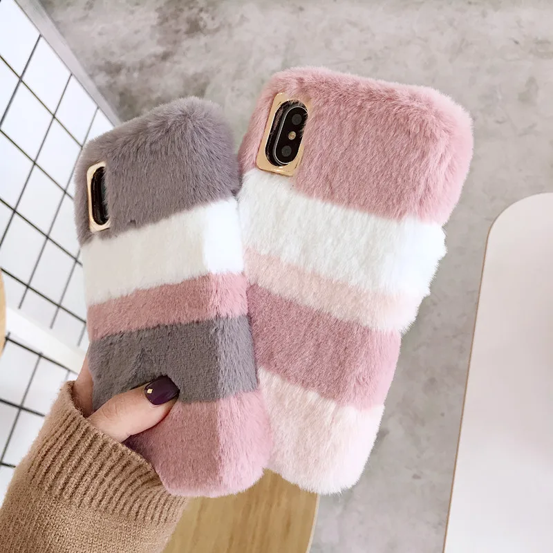 Splice Plush Phone Case For iPhone X XR XS Max Fluff Winter Cover 8 7 6S 6 Plus Cute Fashion Soft TPU Warm Cases | Мобильные