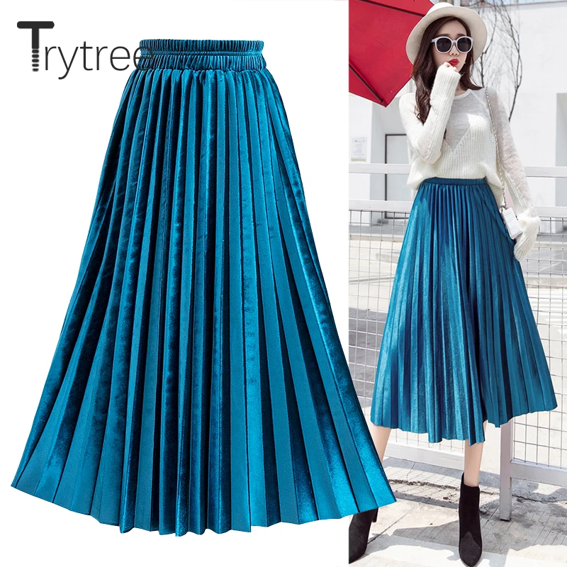 

Trytree Summer Autumn Pleated Skirt Womens Vintage High Waist Skirt Velvet Corduroy Long Skirts Fashion Metallic Skirt Female