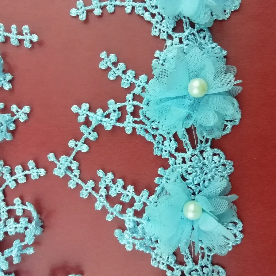 1 Yard Sky Blue Tassel Flowers Pearl Lace Edge Trimmings Ribbons Beaded Fabric Embroidered Sewing Wedding Dress Clothes | Дом и сад
