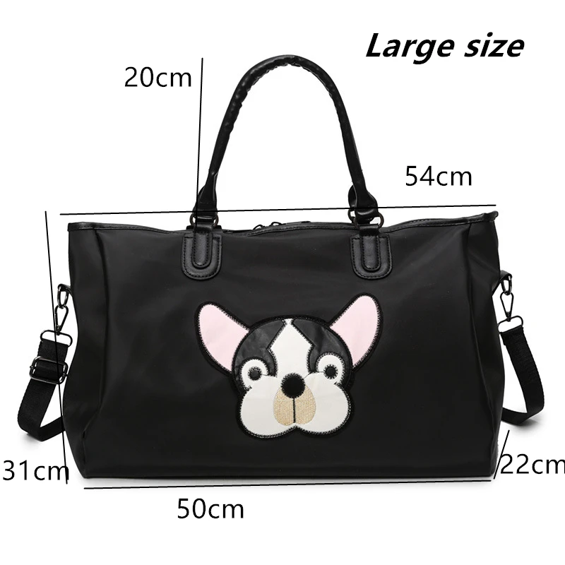 Fashion Casual PU Leather Travel Bags Black Couple Cartoon Dog Embroidery Overnight Weekend Bag Short Trip GYM Big Hand Luggage