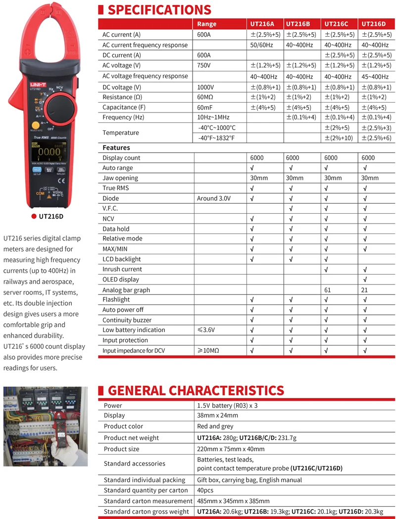 UNI-T UT216A/UT216B/UT216C/UT216D серии 600A True RMS цифровой клещи; VFC/NCV/температурный тест