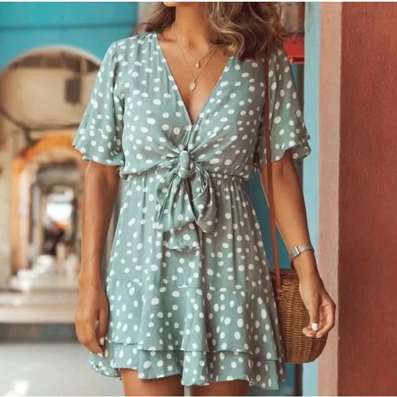 2019 Fashion Women Polka Dot Casual Dress Lace Up Ruffles Mini Party Flare Sleeve Beach | Женская одежда