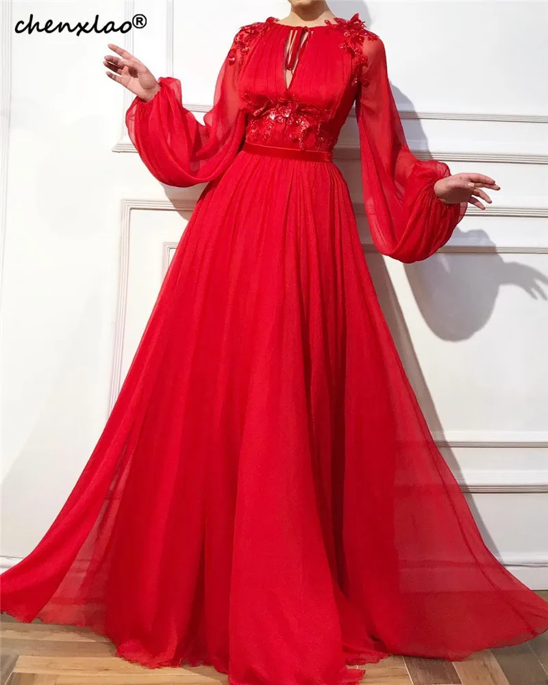 

New Red Evening Dresses A-Line Floor Length Jewel Neck Full Sleeves Lace Appliques Long Evening Dress Formal Gowns