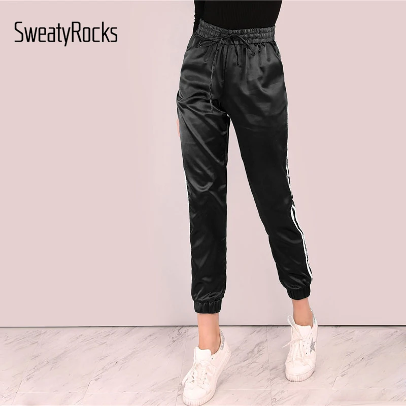 SweatyRocks Черные Полосатые Сатиновые тренировочные штаны для бега с завязками на талии, спортивные штаны, осенние женские повседневные штаны для активного отдыха