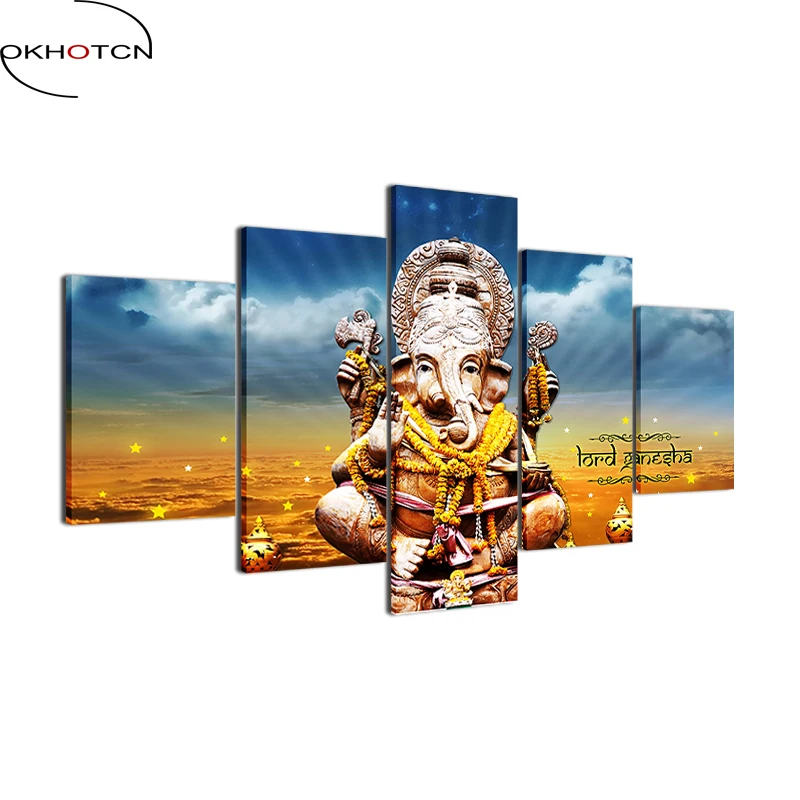 

OKHOTCN Pictures Canvas Modern Home Decor Wall Art Frame 5 Pieces Elephant Trunk God Poster HD Printed India Ganesha Painting