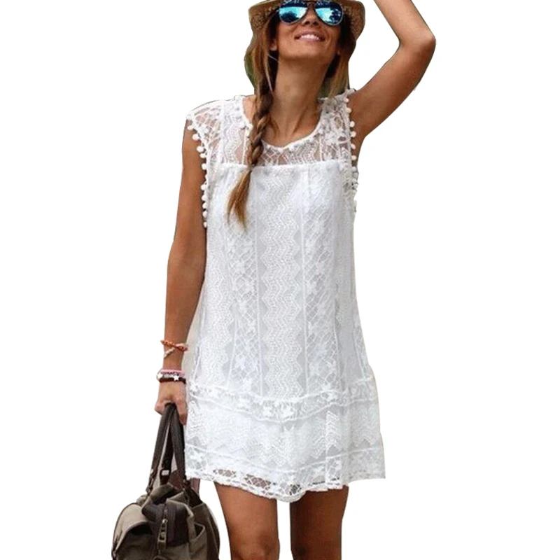 Женское кружевное платье с бахромой повседневное однотонное белое платье-мини