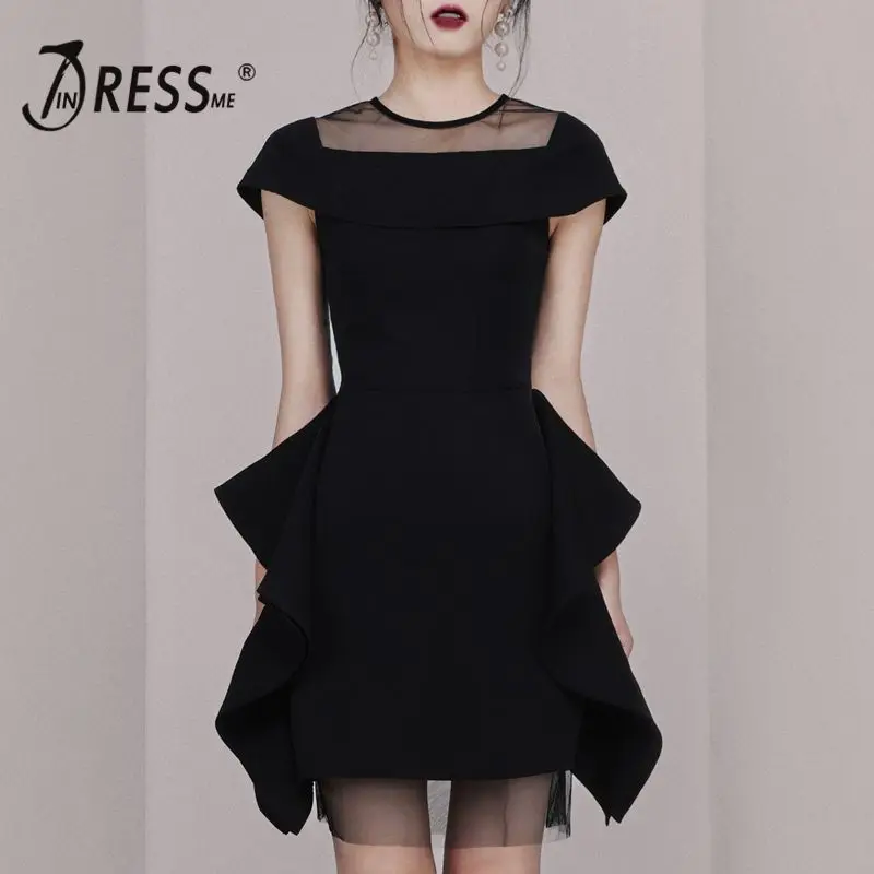 Женское платье трапециевидной формы INDRESSME черное Сетчатое с оборками и короткими