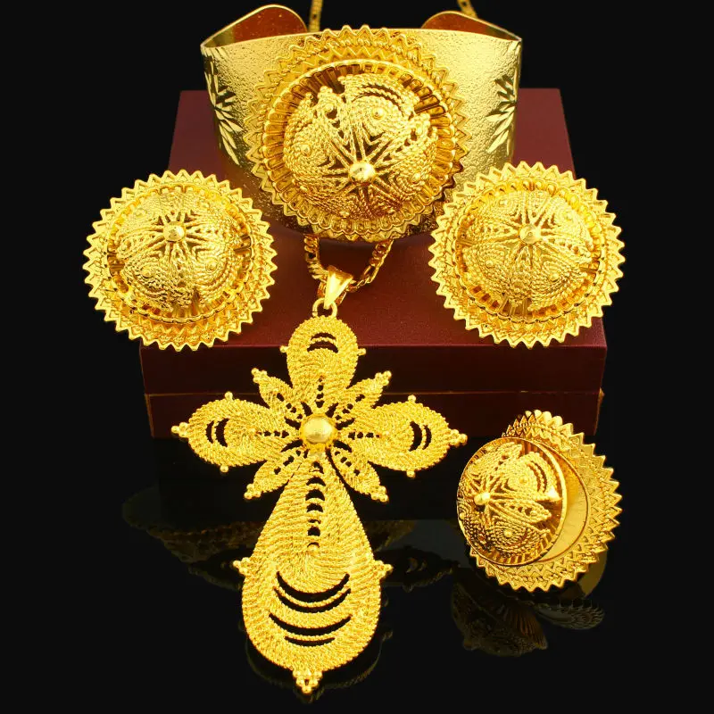 Новый большой комплект ювелирных изделий из эфиопского Креста 24 к золотого цвета