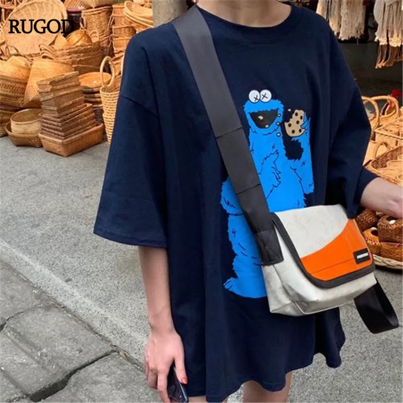 RUGOD Корея Лето Женщины o-образным вырезом лягушка печати Свободные повседневные женские футболки пуловер консервативный Стиль Хлопок топы