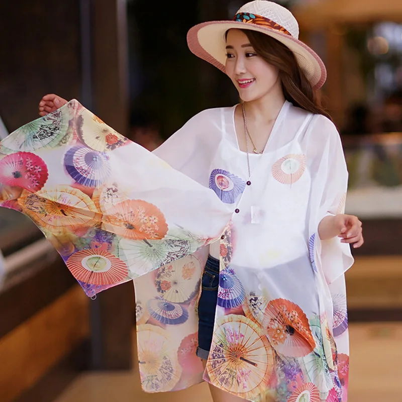 Летняя Пляжная накидка туники 2017 шифон кимоно блузки рубашки топы Femme Бабочка