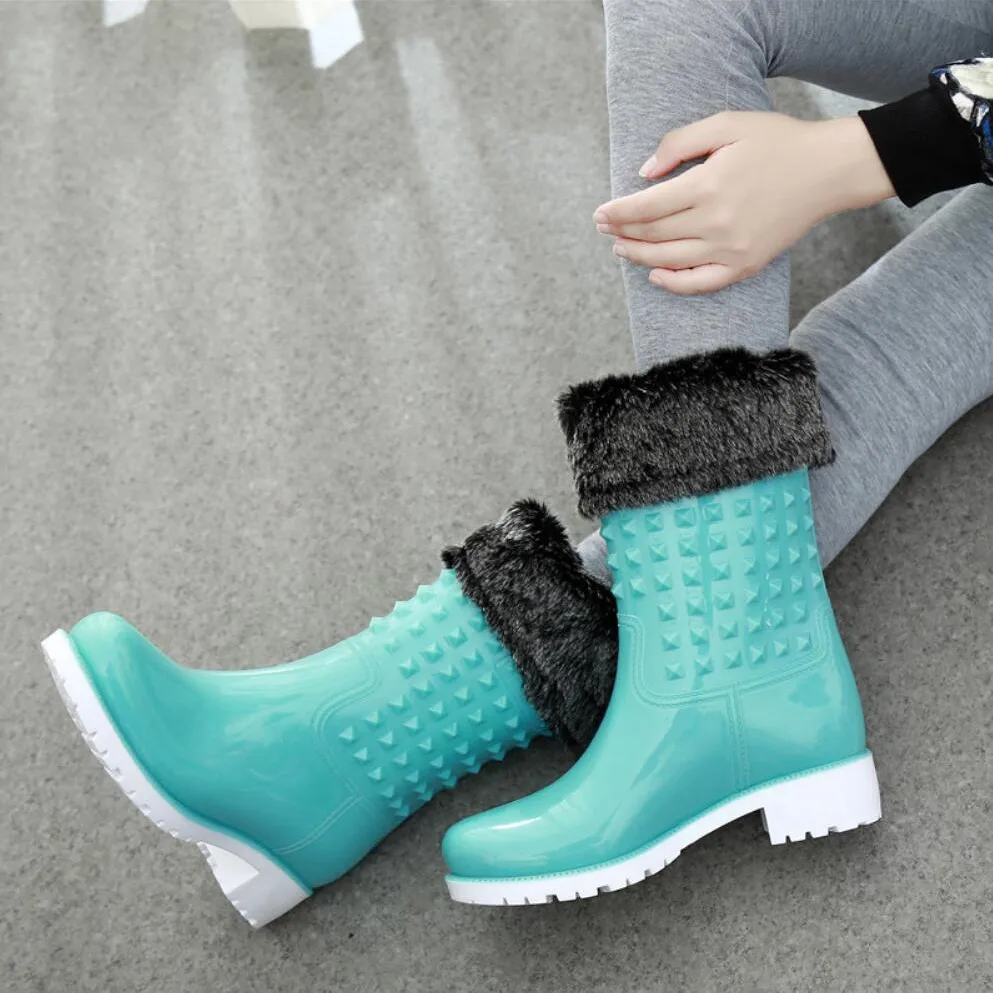 Koovan/непромокаемые сапоги Мода 2017 г. с заклепками Яркие цвета Женские резиновые