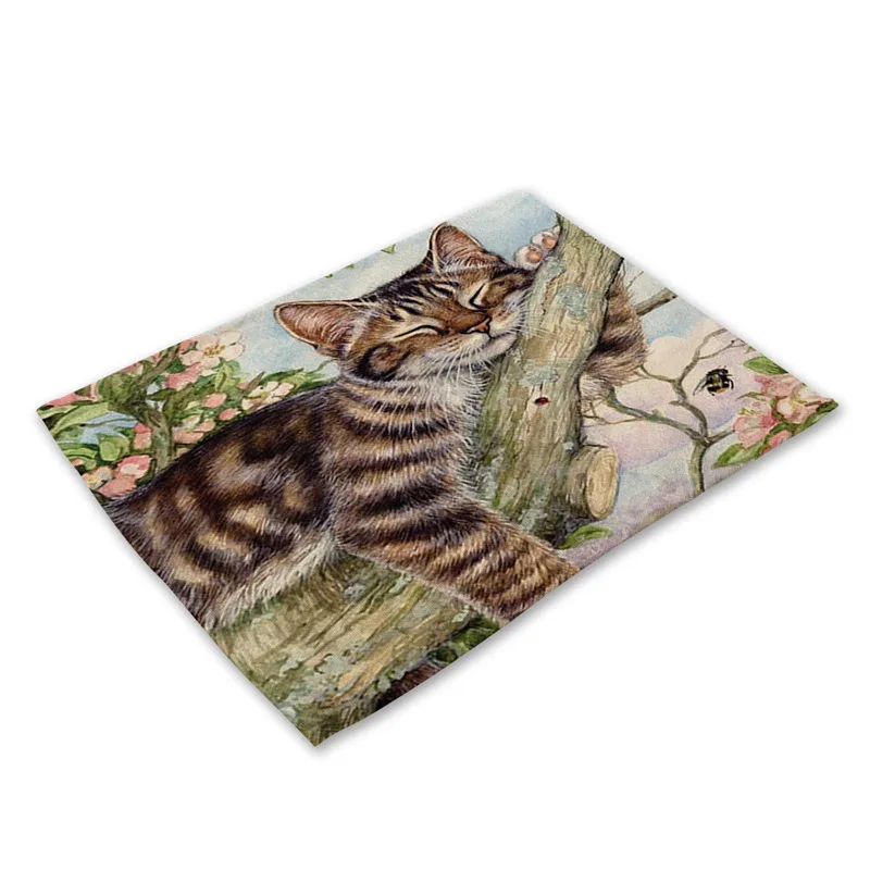 1 шт. милый кот цветочный узор обеденный Коврики на стол из хлопка и льна