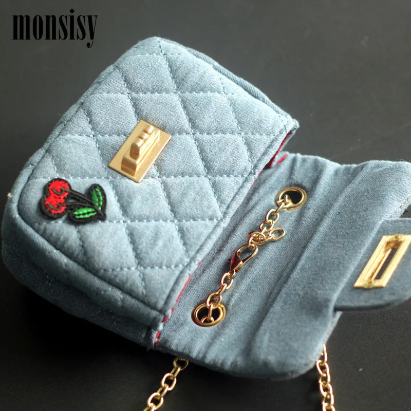 Monsisy Denim Girl Handbag Kid Shoulder Bag Children Wallet Baby Coin Purse Kawaii Small Embroidery badge Diamond Lattice |