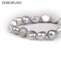 zhboruini pearl bracelet crystal ball baroque charm bracelet natural freshwater pearl grey white pearl jewelry for woman gift