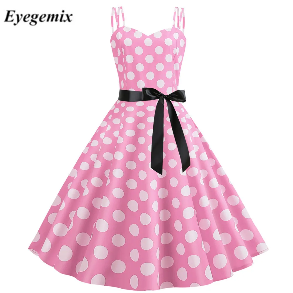 Женское винтажное платье ретро в горошек зеленое стиле Хепберн с лямкой на шее