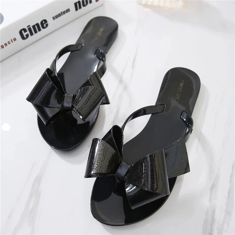 

Rouroliu Women Summer Flip Flops Sweet Bowknot Casual Shoes Slippers Outside Crystal Jelly Shoes Beach Sandals FR106
