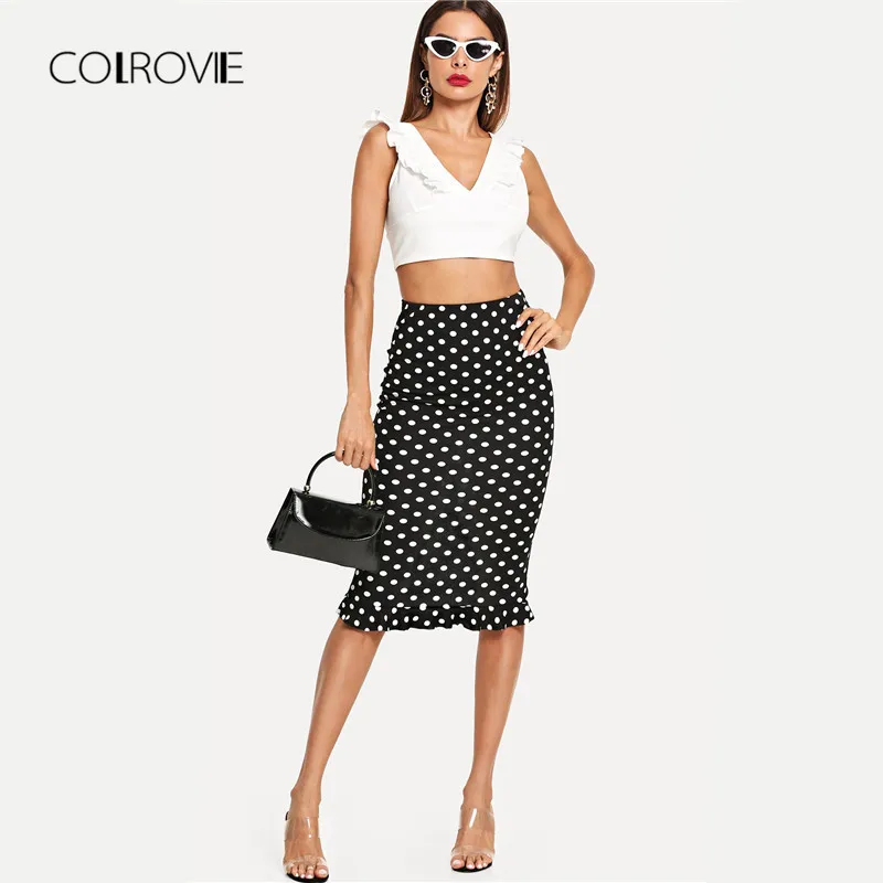 COLROVIE, черная юбка с разрезом сзади и оборками, в горошек, сексуальная юбка, осень, высокая длина, юбка стрейч, высокая талия, элегантные женские юбки