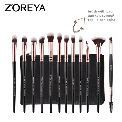 black brush and bag ZOREYA, 12 шт., набор кистей для макияжа глаз, розовое золото, Кисть для макияжа, тени для век, инструмент для смешивания косметики - Handle Color: black brush and bag