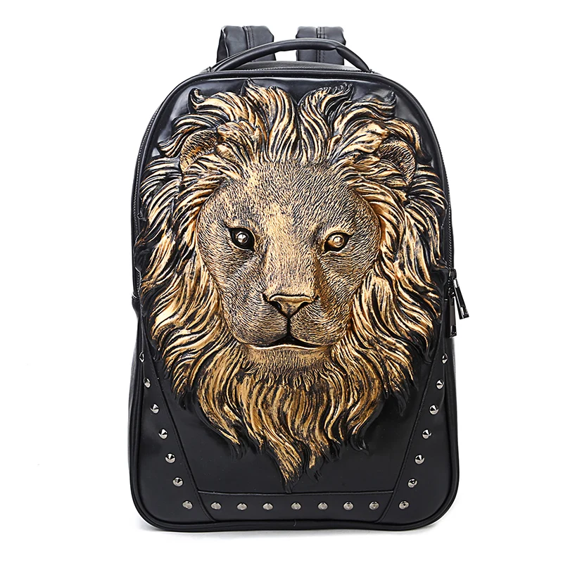 

2019 3D Emboss Lion Head Rivet Gother Backpack For Men Women High Quality PU Leather Travel Backpacks Laptop Teenager School Bag