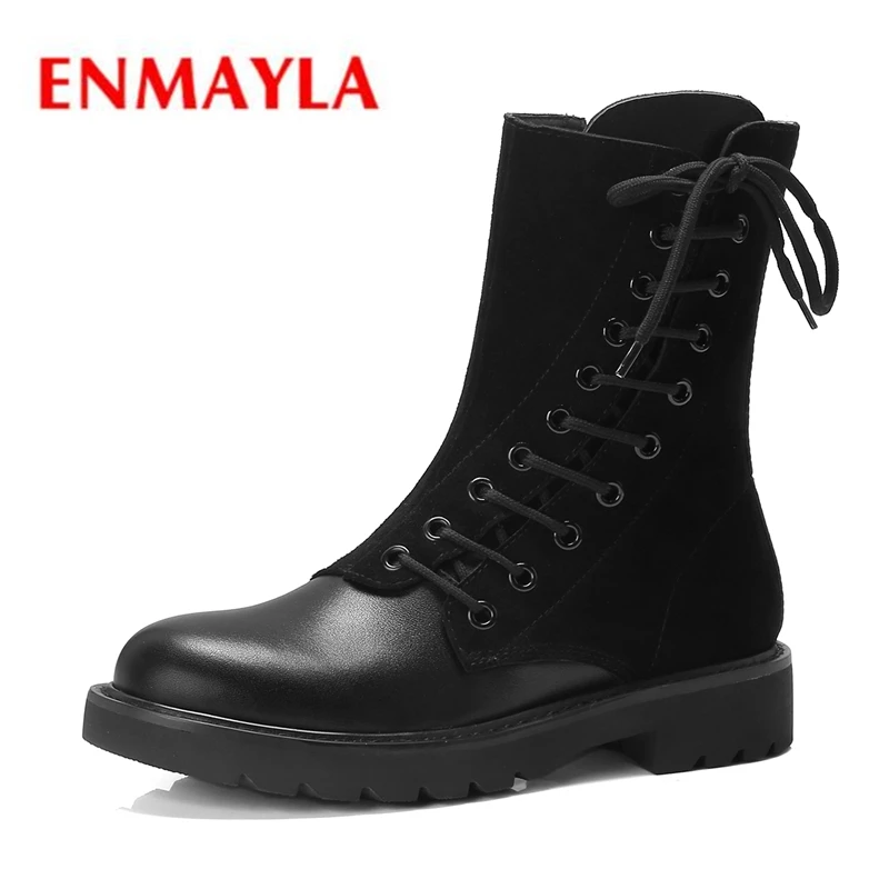 

ENMAYLA Basic Round Toe Lace-Up Flat with Boots Women Botas Mujer Invierno Snow Boots Size 34-39 ZYL1928