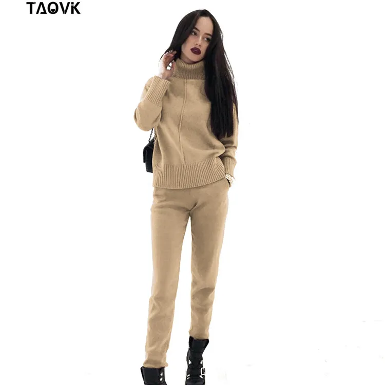 TAOVK, женские вязаные костюмы, весенний свитер, набор, средняя линия, водолазка, пуловер, свитер, штаны, два предмета, наборы, теплые костюмы для бега