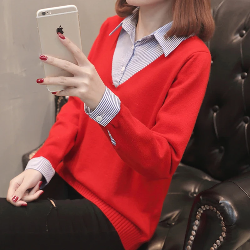 Autumn Winter Fashion Women Shirt Neck Sweater Ladies Jumper Knitting Long Sleeve Pullover Stitching Casual Short Female | Женская