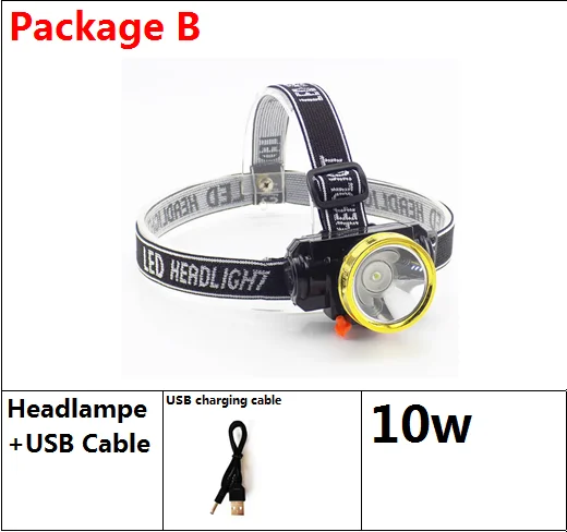 10W Package B 5 Вт/10 Вт светодиодный Мощный налобный фонарь, лобовая фара, перезаряжаемый встроенный аккумулятор, Головной фонарь, фонарик для рыбалки, кемпинга - Испускаемый цвет: 10W Package B