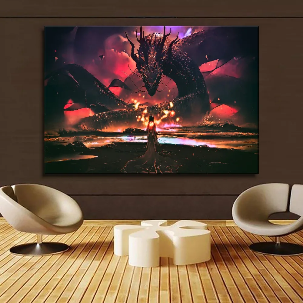 Fantasy Dragon And Girl Painting 5 Piece Style Canvas Print Type Picture Modern Home Decorative Wall Artwork Poster Framework | Дом и сад
