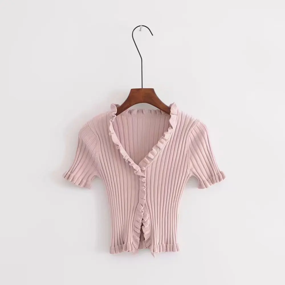 2019 Autumn Knit Sweater Female Women Ruffle Trim Crop Cardigan With Short Sleeve Deep V Neck Casual Jumper Pull Femme |